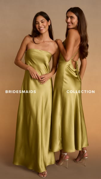 This ad showcases two women wearing dresses from the Bridesmaids Collection. The models are posed closely together in a 