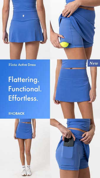 The ad promotes the RHOBACK Vista Active Dress, highlighting its flattering, functional, and effortless design. The imag
