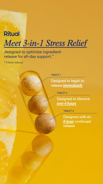 This ad for Ritual's 3-in-1 Stress Relief supplement highlights the product's key features and benefits. The ad 