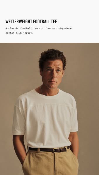 This ad showcases a Welterweight Football Tee cut from signature cotton slub jersey. The ad features a male model wearin
