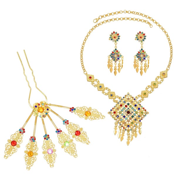 This ad showcases a set of gold jewelry with colorful gems, including a necklace, earrings, and hair pin.