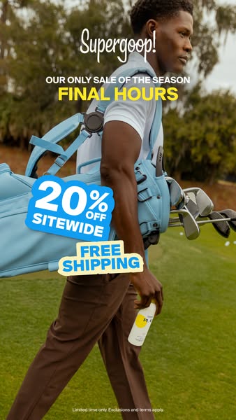 This Supergoop! image ad promotes a limited-time sale of 20% off sitewide with free shipping. The ad features a man on a