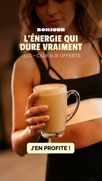 This image ad features a woman holding a clear glass mug of a latte-colored liquid, likely a coffee beverage. The ad pro
