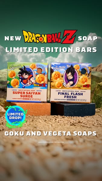 This image ad promotes the new Dragon Ball Z soap by Squatch, highlighting the limited edition bars featuring Goku and V