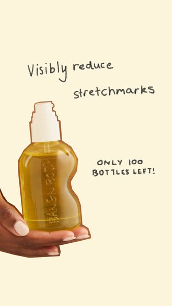 This ad promotes a body oil that reduces the appearance of stretch marks. The ad uses a hand-written font and a limited-