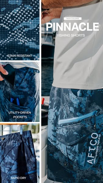 This image ad showcases AFTCO's Pinnacle fishing shorts, emphasizing their stain resistance, utility-driven pockets,