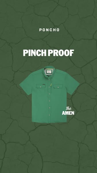 This ad for Poncho advertises a 'pinch proof' shirt in a vertical format with a green color scheme.