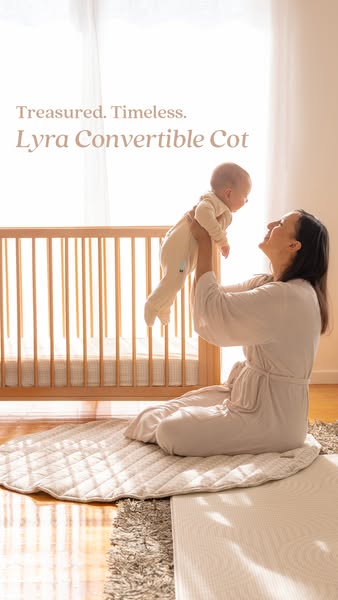 This ad showcases the Lyra Convertible Cot, emphasizing its timeless design and suitability for creating treasured momen