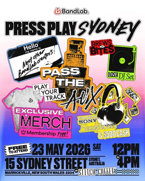 This image ad promotes a "Press Play Sydney" event by BandLab. The ad features various graphic elements and te