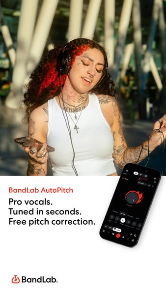 An image ad for the BandLab AutoPitch app features a person with headphones on and the BandLab app in the foreground wit