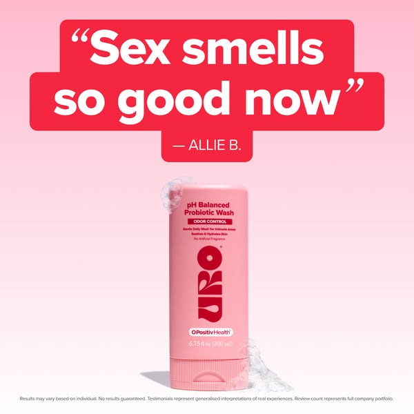 This ad features a testimonial about the URO pH Balanced Probiotic Wash. The ad includes the product packaging and the b