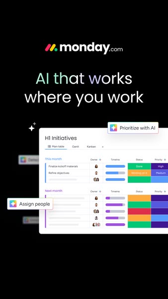 This ad promotes monday.com's AI capabilities. It shows a screenshot of the monday.com interface with AI features hi