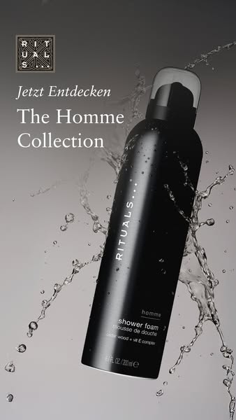 This ad promotes Rituals' The Homme Collection shower foam. The ad features a sleek, black bottle of the product wit