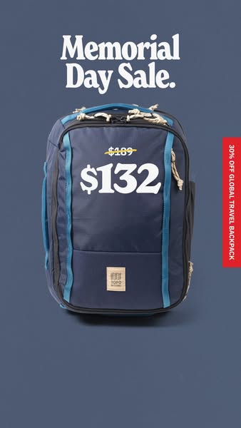 This image ad for Topo Designs promotes a Memorial Day sale featuring 30% off the Global Travel Backpack.