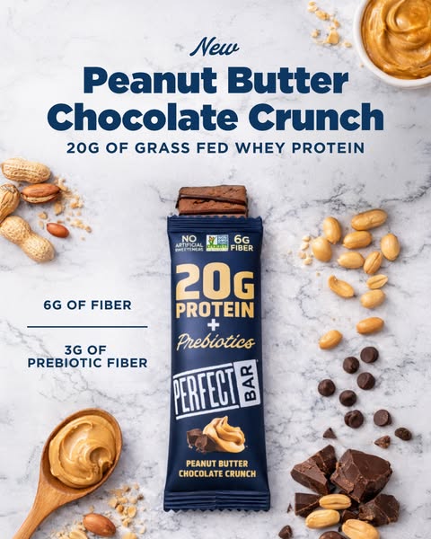 This image promotes the 'Perfect Bar' Peanut Butter Chocolate Crunch protein bar, highlighting its protein and f