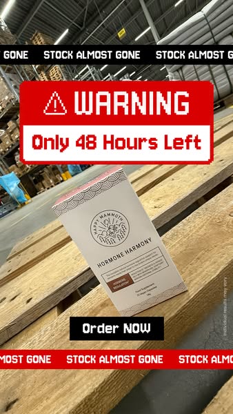 This ad for Happy Mammoth's Hormone Harmony supplement uses a visual warning and time-sensitive offer to drive urgen