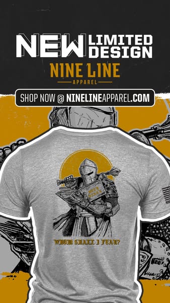 This ad promotes Nine Line Apparel's new limited design t-shirt featuring a knight reading a book.