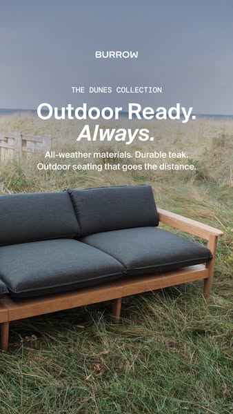This image ad for Burrow's Dunes Collection features a picture of their outdoor sofa on a beachy, grassy area. The c