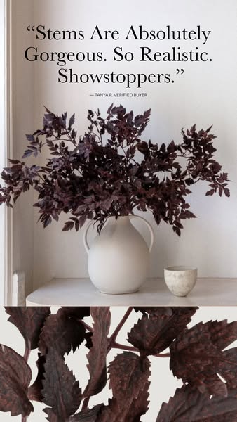 This ad features a customer testimonial about the brand's realistic-looking faux floral stems.