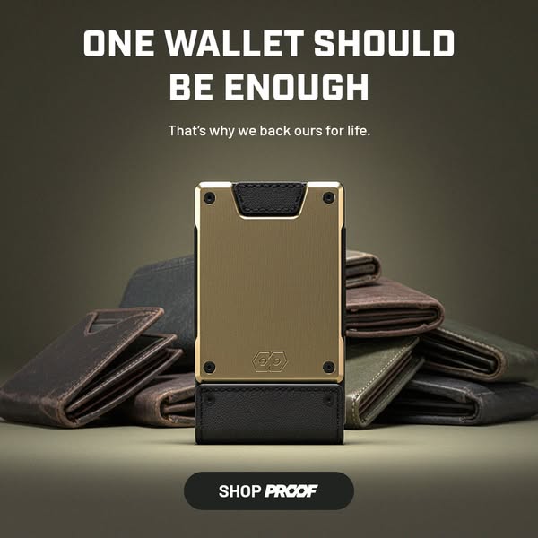 This ad showcases a minimalist metal wallet, emphasizing its durability and the idea that one wallet should be sufficien