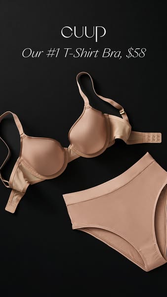 This ad shows a bra and underwear set in a neutral tone against a black background and includes the price.