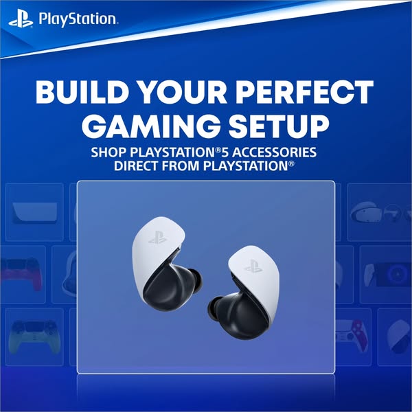 Ad for Playstation 5 accessories. The ad focuses on Playstation earbuds.
