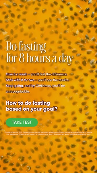 This image ad encourages users to try fasting for 8 hours a day, saying that they'll feel the difference in one week