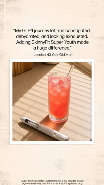 This SkinnyFit ad uses a testimonial from a 43 year-old woman, named Jessica, about how SkinnyFit Super Youth helped wit