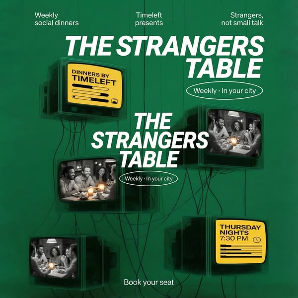 This image ad for Timeleft promotes weekly social dinners called 'The Strangers Table.' The ad features a retro 