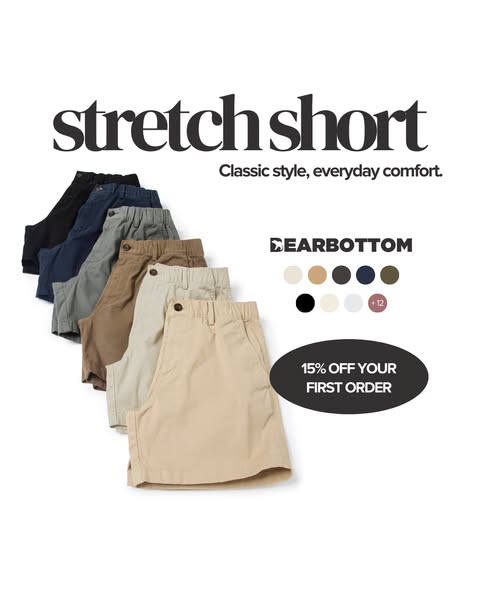 An ad for Dearbottom stretch shorts shows a variety of color options and promotes a first-order discount.