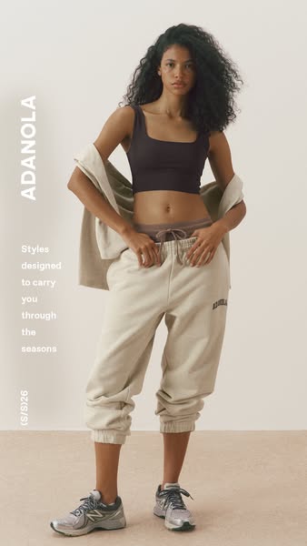 This ad features an image of a person wearing a crop top and sweatpants. The brand name is displayed along the side of t