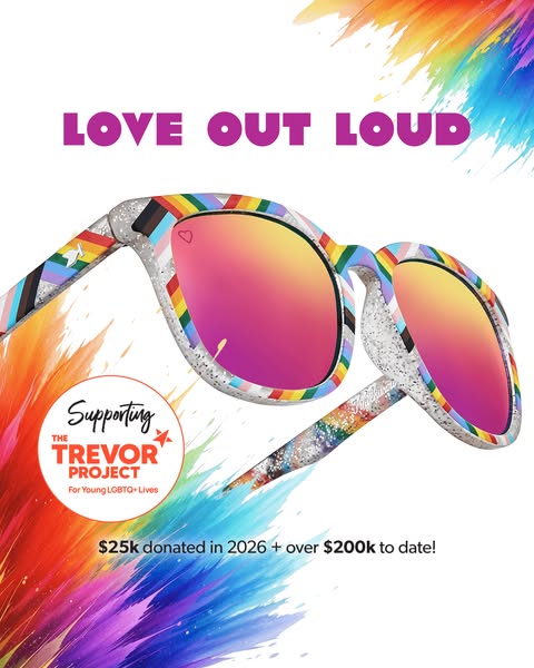 An image promoting sunglasses with a rainbow design for Pride month, highlighting a donation to The Trevor Project.