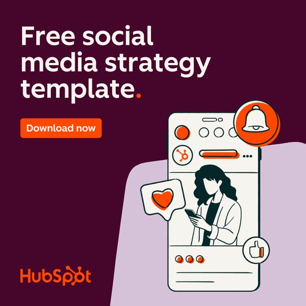 This ad promotes a free social media strategy template from HubSpot. The ad uses a stylized illustration of a person usi