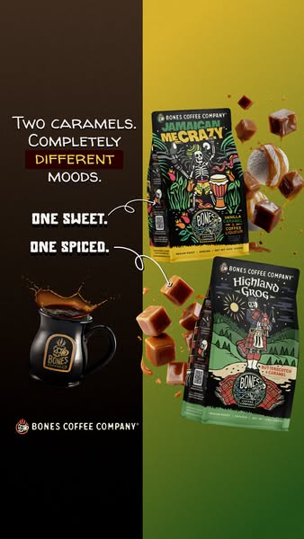This ad by Bones Coffee Company features two flavors of caramel coffee in a split screen view. On the left, the tagline 