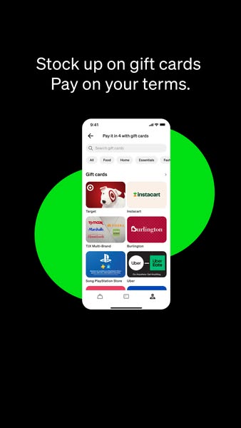 This ad promotes the ability to purchase gift cards and pay for them in four installments.