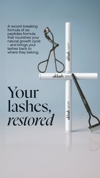This image promotes UKLash eyelash serum and shows three tubes of product, an eyelash curler and a lash comb, arranged i