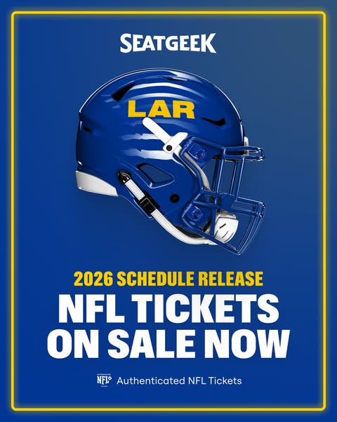 This ad promotes the release of 2026 NFL tickets on SeatGeek, featuring a Los Angeles Rams football helmet.