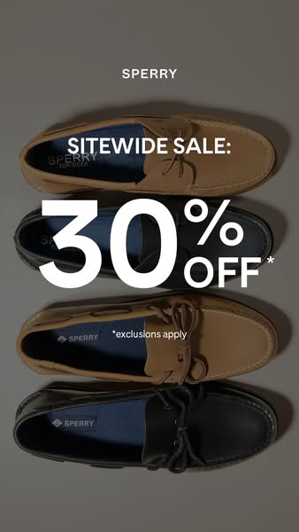 This ad showcases Sperry boat shoes and advertises a sitewide sale offering 30% off, with some exclusions.