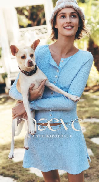 This image ad features a woman holding a dog, promoting the brand Maeve at Anthropologie and highlighting a blue matchin