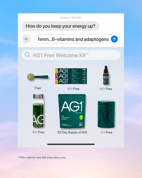 This ad is set up as a screenshot of a text message conversation, with a follow-up search displaying AG1's free welc