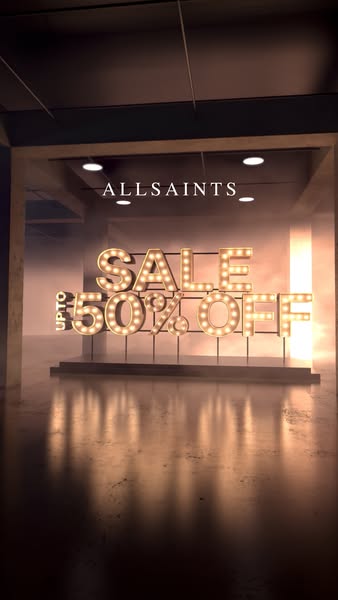 This ad announces a sale of up to 50% off at AllSaints.