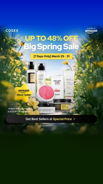This ad promotes the COSRX brand skincare products. The ad is advertising a spring sale where items will be up to 48% of