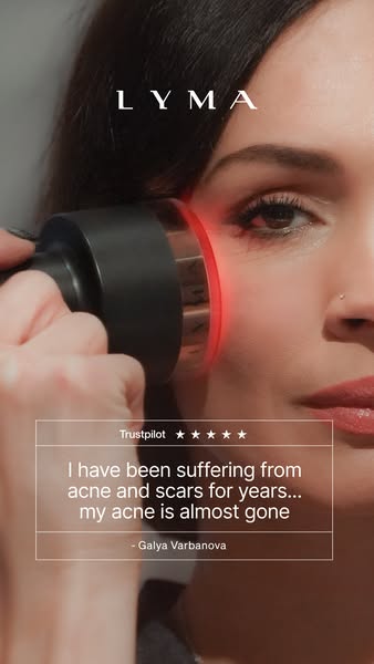This ad features a woman using the LYMA laser on her face. A testimonial from a customer is included, stating that the p