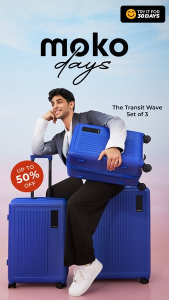 This image ad showcases a young man in semi-formal attire casually posing with a set of blue Moko suitcases, highlightin