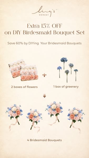 This image ad showcases a DIY bridesmaid bouquet set from Ling's Moment, highlighting a 15% discount and a 'Save