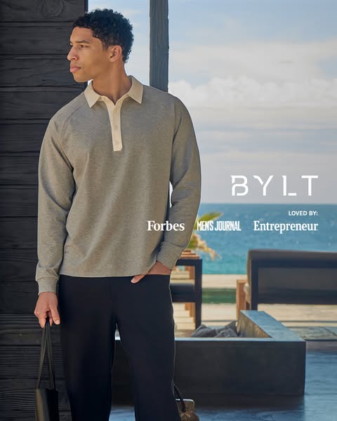 This ad features a well-dressed man wearing BYLT apparel on what appears to be a tropical vacation. The ad also highligh