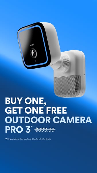 This image ad showcases Vivint's Outdoor Camera Pro 3 and advertises a 'buy one, get one free' promotion wit