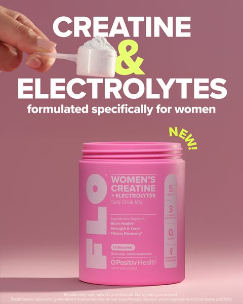 An image ad for FLO Women's Creatine + Electrolytes drink mix highlights the benefits of creatine and electrolytes f