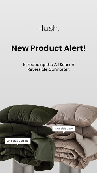 This ad is for Hush's All Season Reversible Comforter. The ad highlights the new product with a simple background an