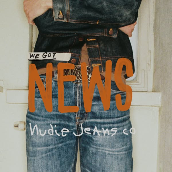 This ad features a person wearing a denim jacket and jeans by Nudie Jeans Co. The image includes overlaid text announcin